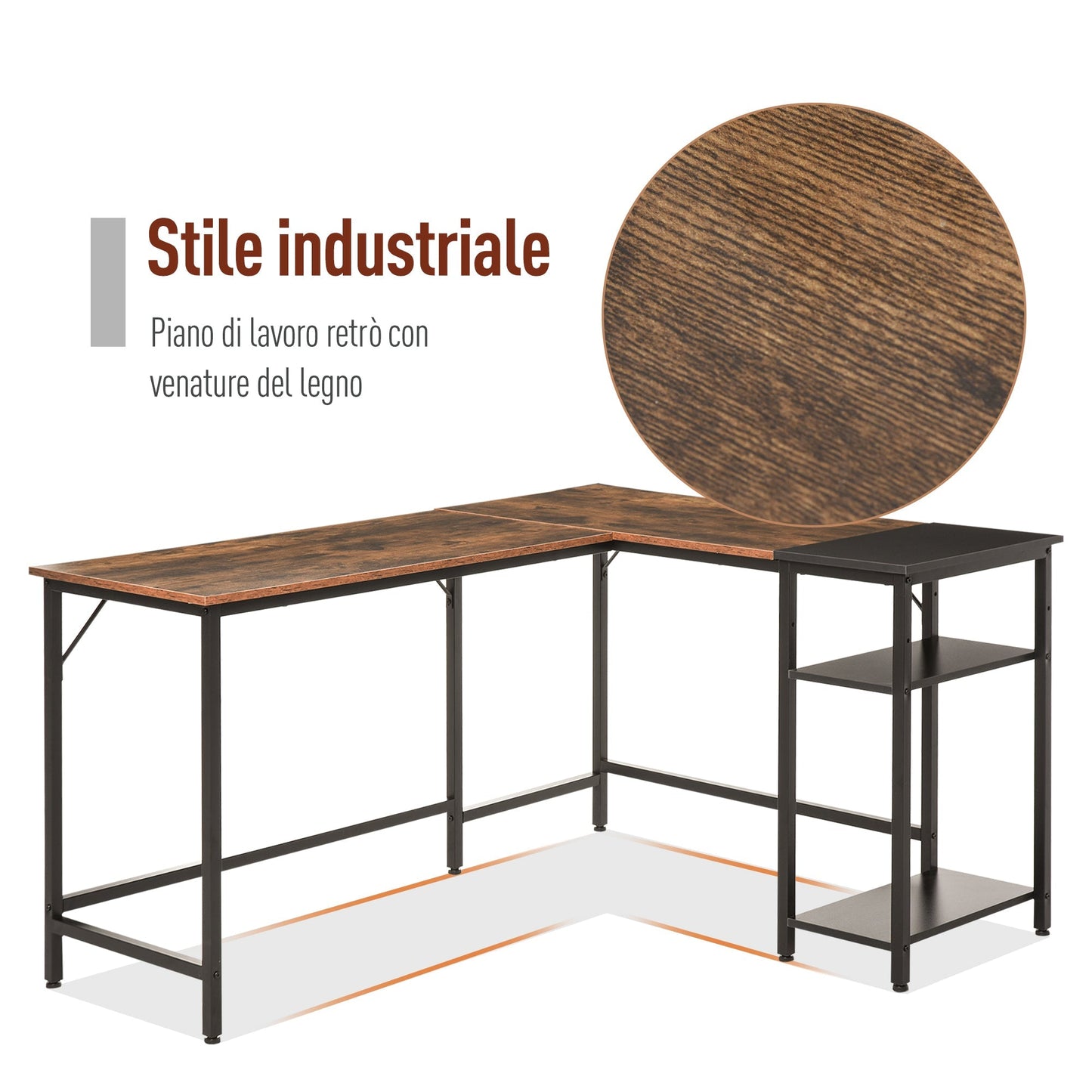 angular desk for industrial style computer with black side shelf