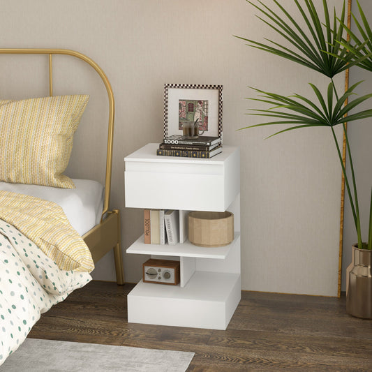 Modern Bedside Table in Chipboard and MDF with a Drawer and 2 Shelves, 39x39x65 cm, White