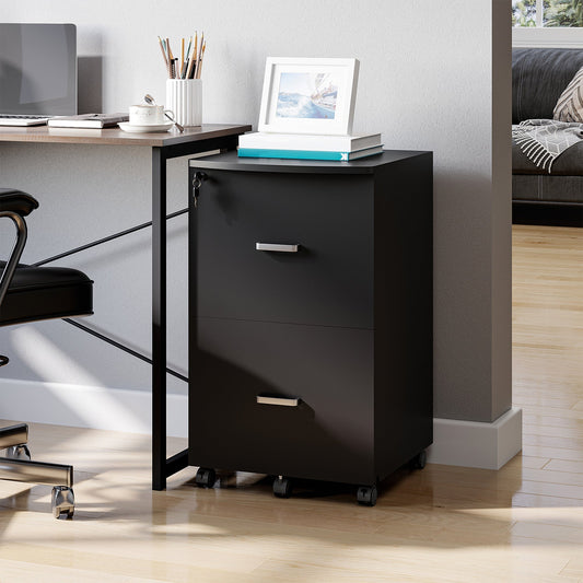 Office Cabinet with 2 Drawers and 5 Wheels, Filing Cabinet in MDF and Chipboard, 43x45x72 cm, Black