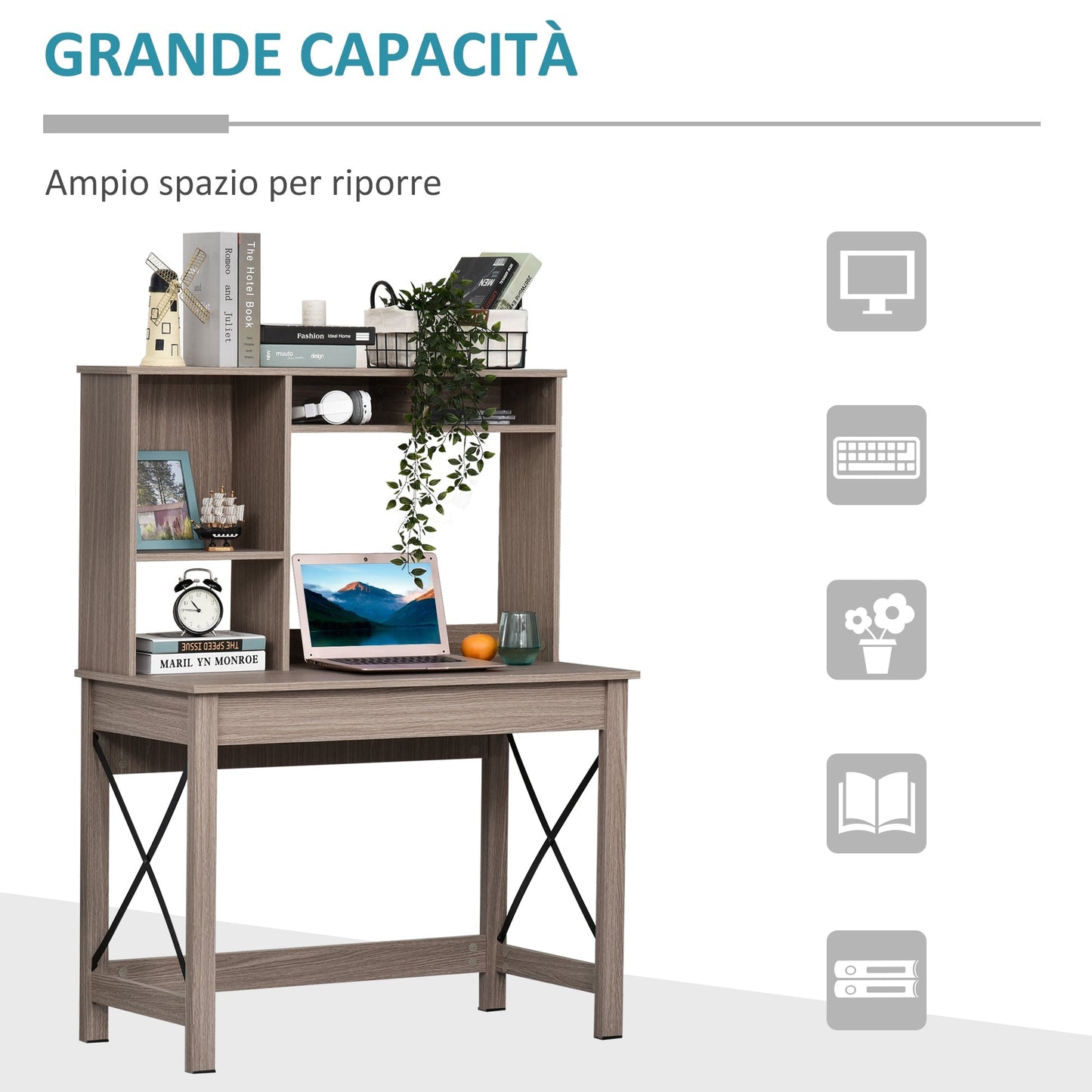 Desk Shelf with Bookcase Above in Wood for Bedroom, Children's Room or Office, Space Saving 105x50x137.5cm