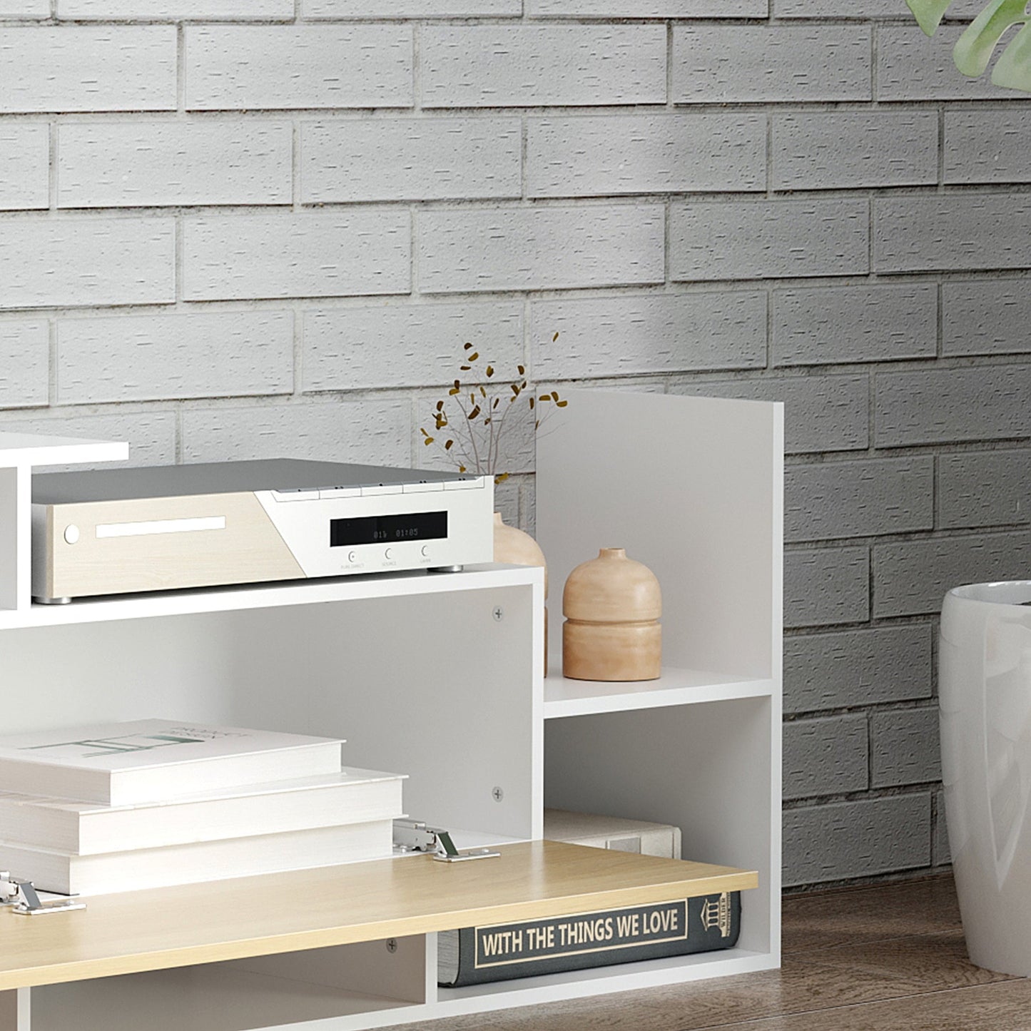 TV Cabinet with Wall Shelf, Open Shelves and Wooden Cabinet, White and Natural Wood