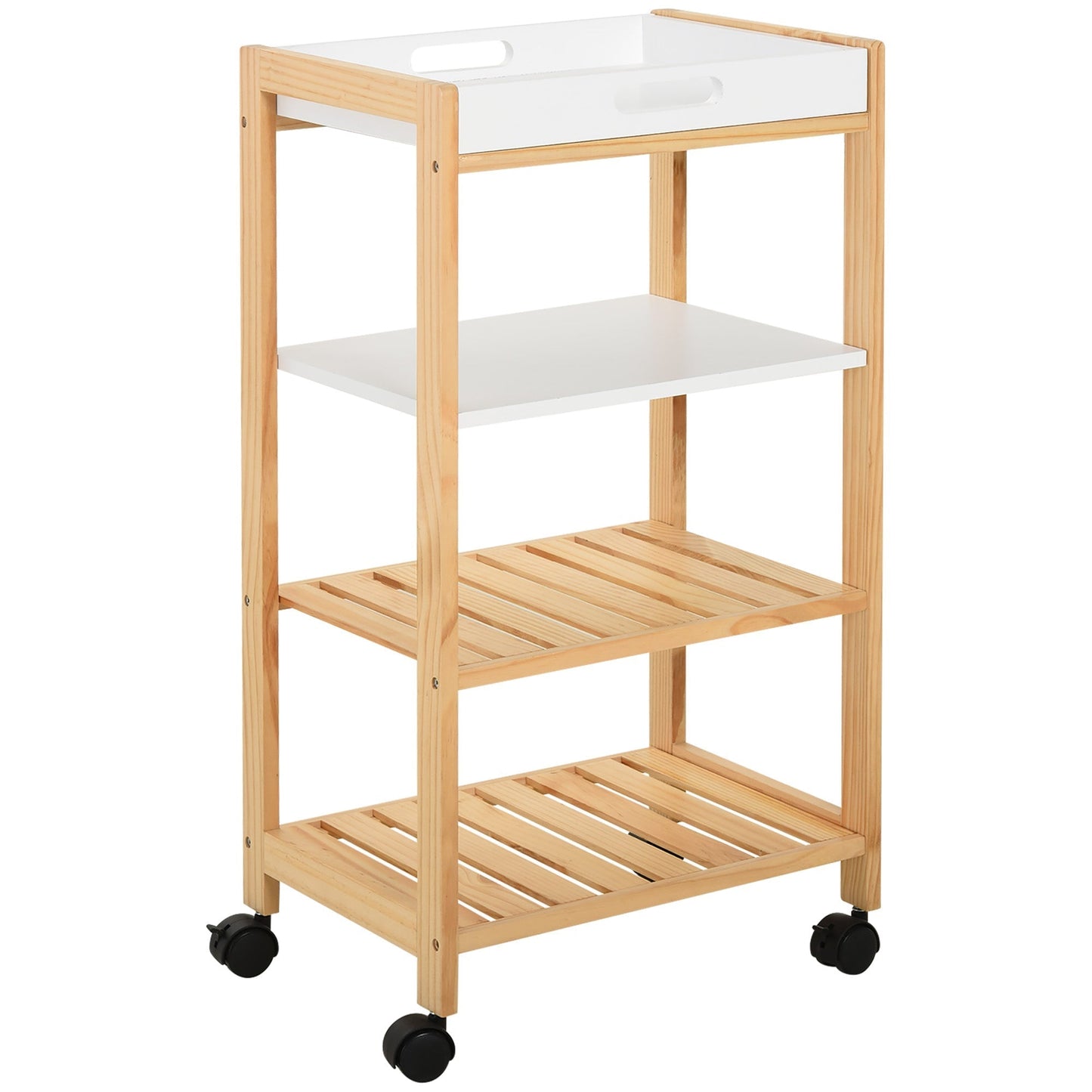 Wooden Trolley on 4 Level Kitchen Trolley in Pine wood and 4 swivel wheels | 40x30x76 cm