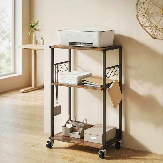HOMCOM Industrial Printer Table 3 Tier, Wheels and Hooks, Rustic Brown.