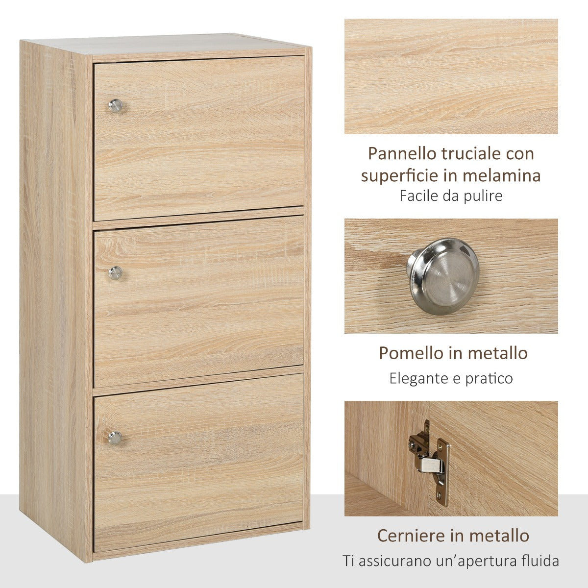 Multiuse cabinet with 3 wooden shelves and 3 doors for home or office 48 x 34 x 100cm