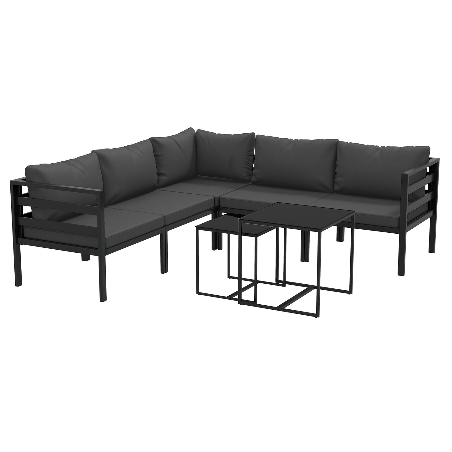 7 Piece Steel and Polyester Garden Set with 5 Chairs with Cushions and 2 Coffee Tables, Grey
