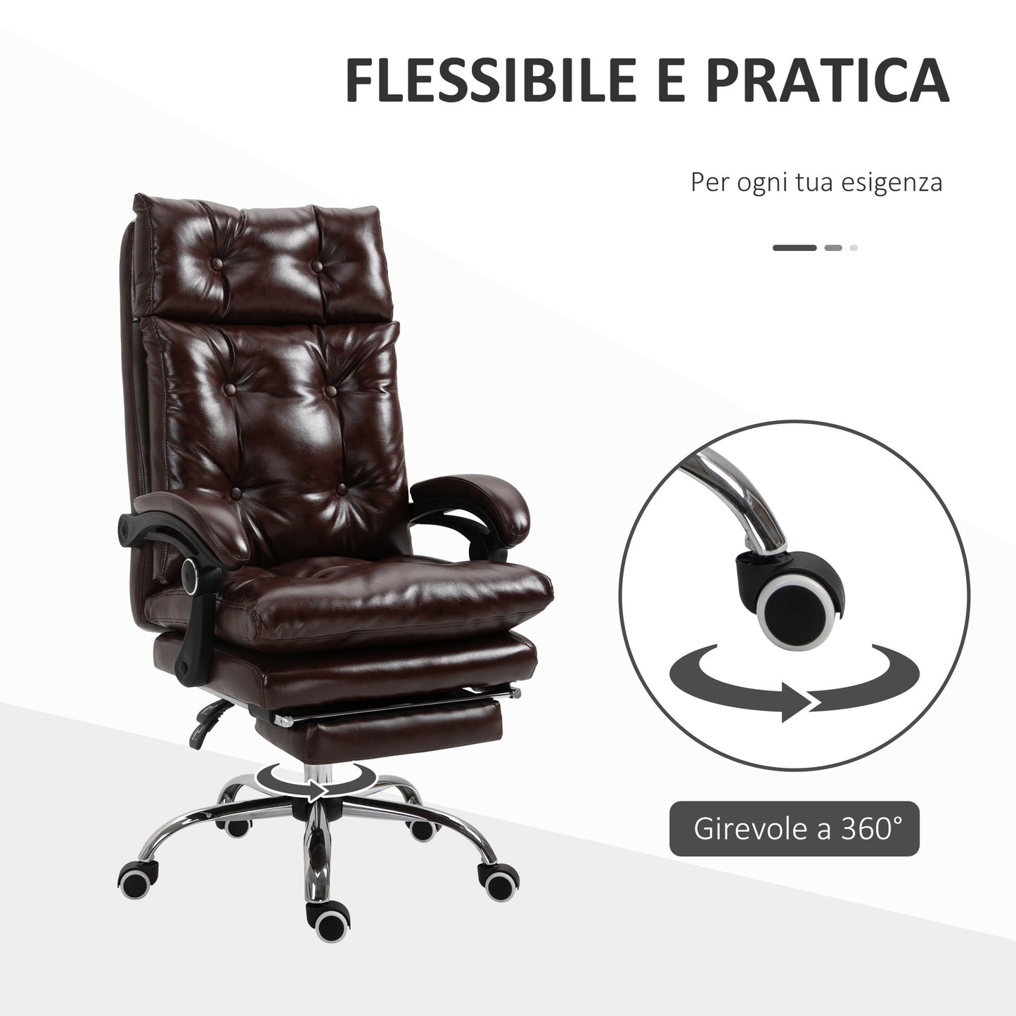 Ergonomic Presidential Faux Leather Office Chair, Swivel Office Chair with Adjustable Height, 135° Reclining and Pull-Out Footrest for Study and Desk, Brown