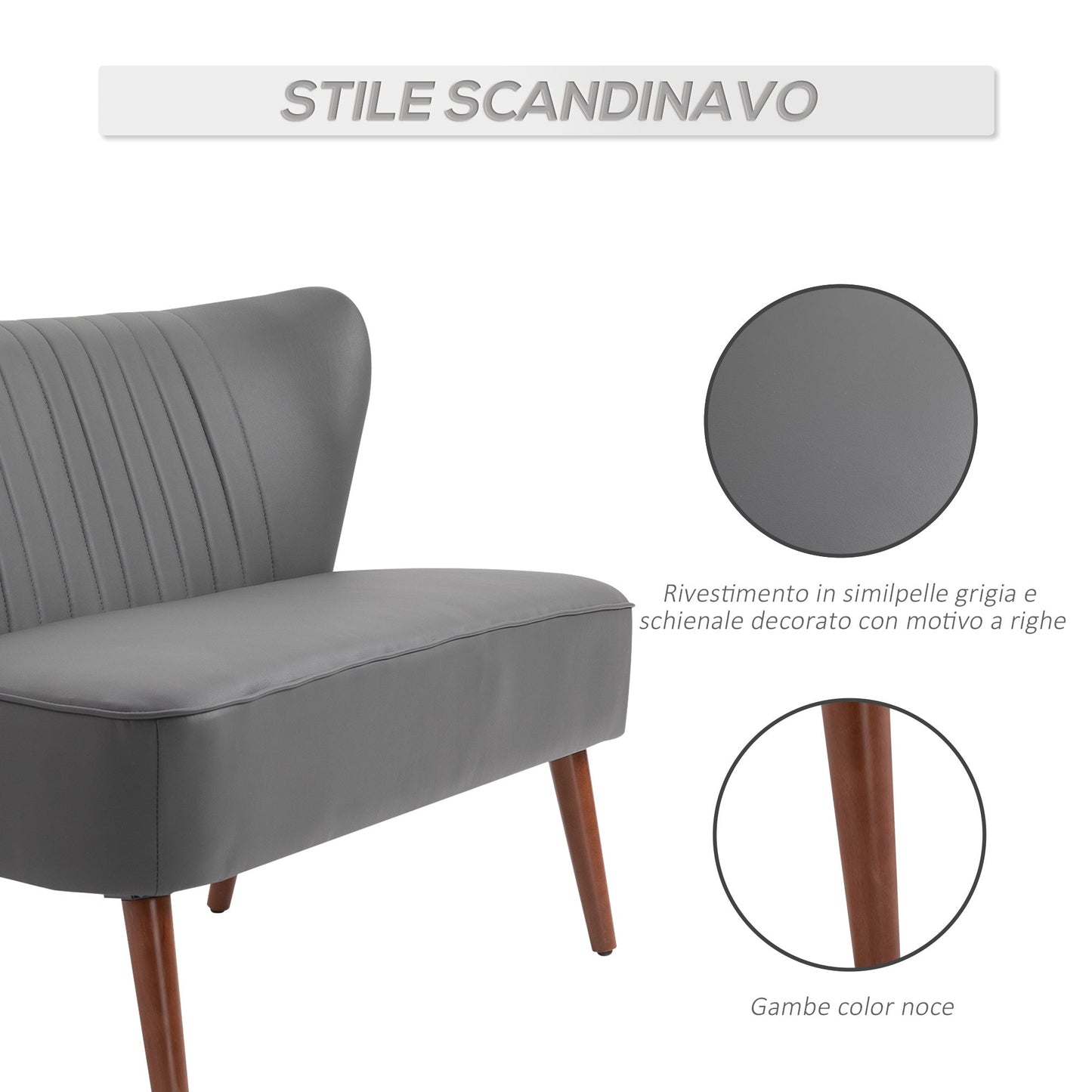 STELLE | Grey 2 Seater Sofa Grey Synthetic Leather with wooden legs