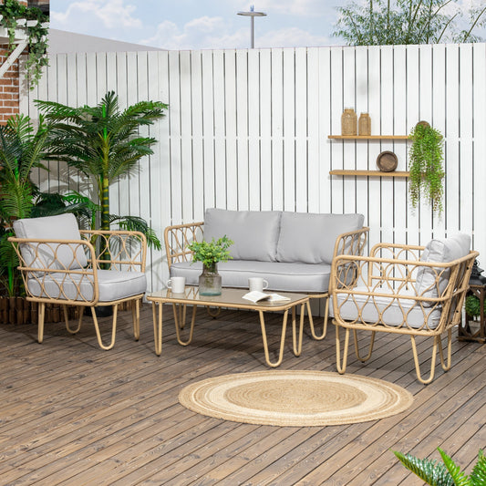 Boho Style Rattan Garden Lounge Set with 2 Seater Sofa, 2 Armchairs and Glass Coffee Table