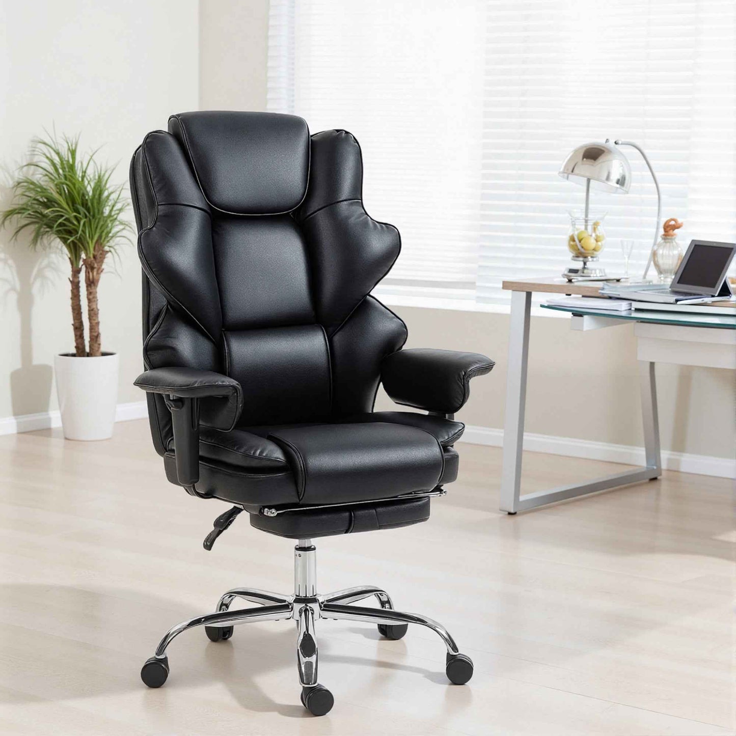 Office Chair with Footrest and Headrest, PU Leather, Foam and Metal, 76x73x117-125 cm, Black