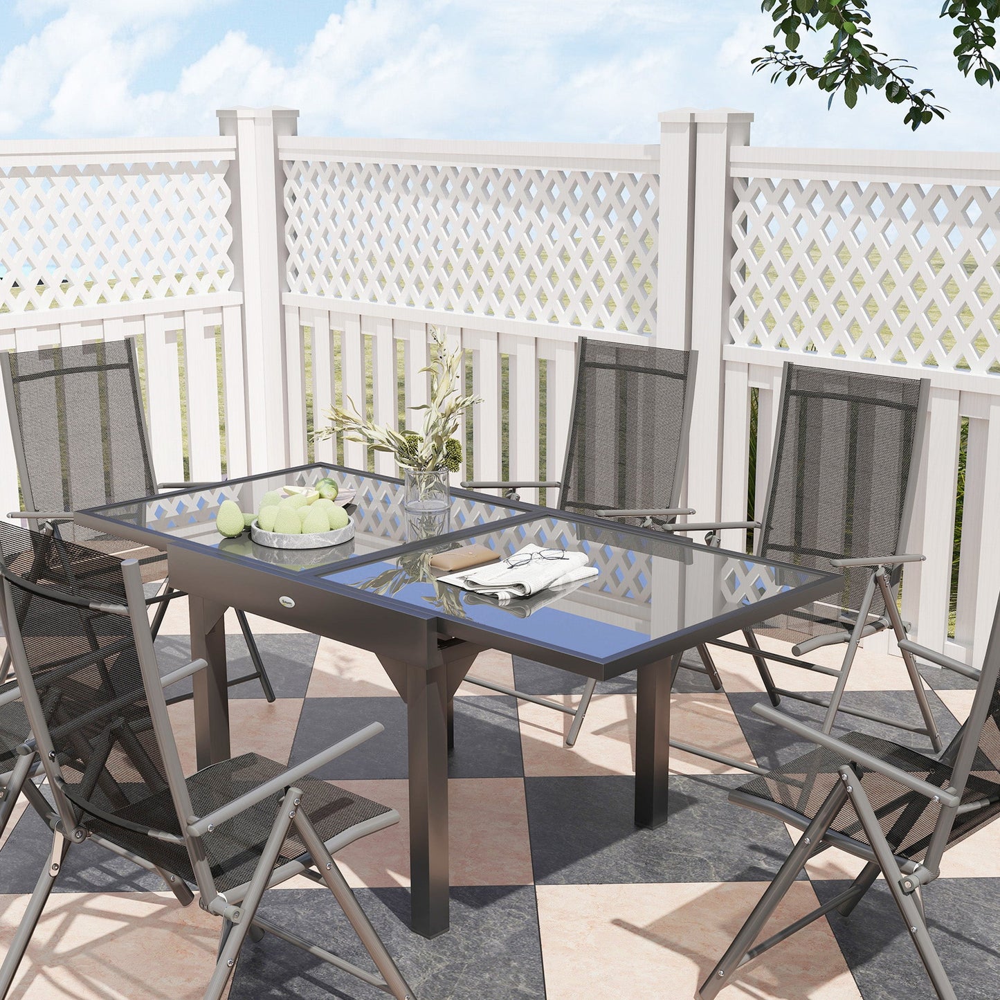 Garden Set with Extendable Glass Table and 6 Folding Outdoor Chairs, Steel and Textilene, Grey