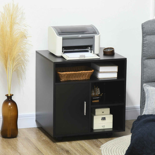 HOMCOM Rolling Printer Stand with Cabinet and 3 Open Shelves, Wooden, 60x50x65.5 cm, Black
