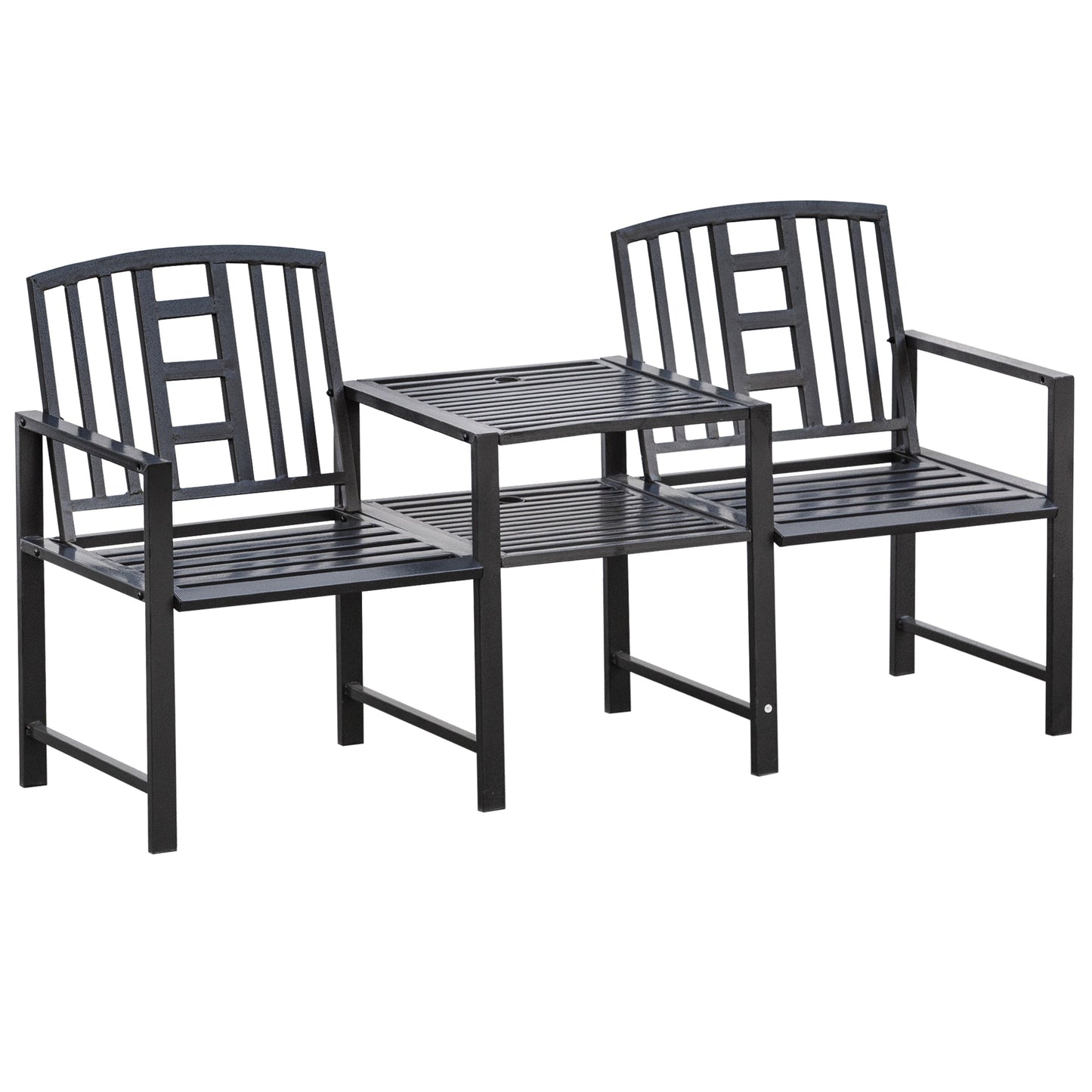 Modern 2-Seater Garden Bench with Table and Umbrella Hole Outdoor Furniture 165x56x85.5cm Black