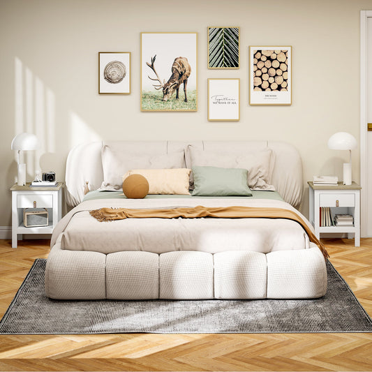 Set of 2 Wooden Bedside Tables with Drawer and Open Shelf, 45x40x55 cm, White and Oak