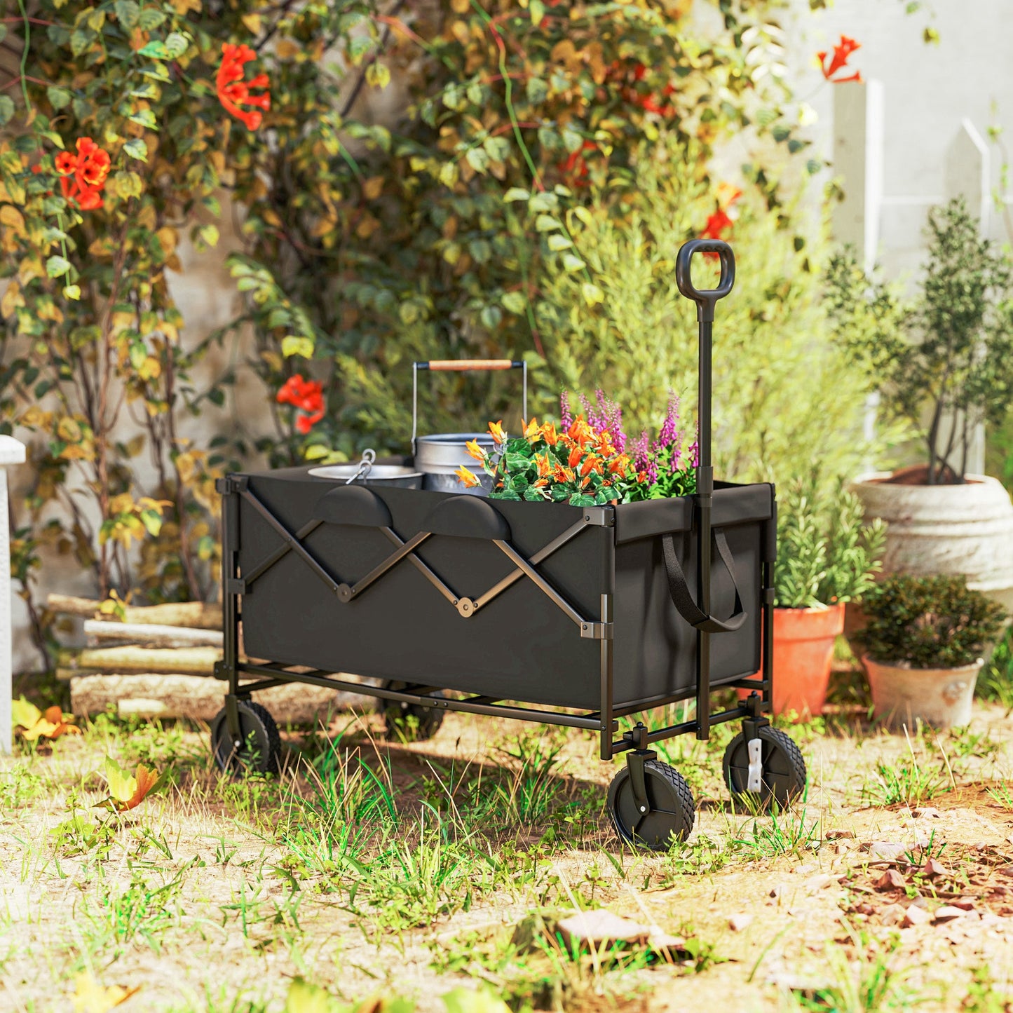Garden Trolley 160L Foldable with Adjustable Handle, Capacity 100 kg, 95x55x102 cm, Black