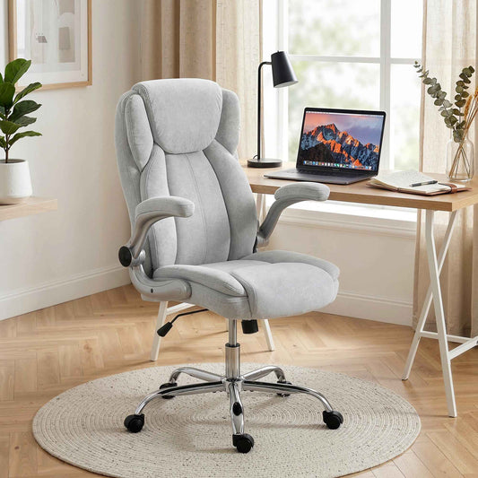 Ergonomic Chair, High Back, Printed Velvet, Foldable Armrests, Cream White