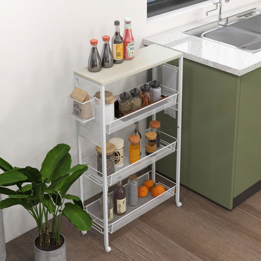 3-Tier Kitchen Trolley with Side Basket and Hook, Chipboard and Steel, 58x18.5x87 cm
