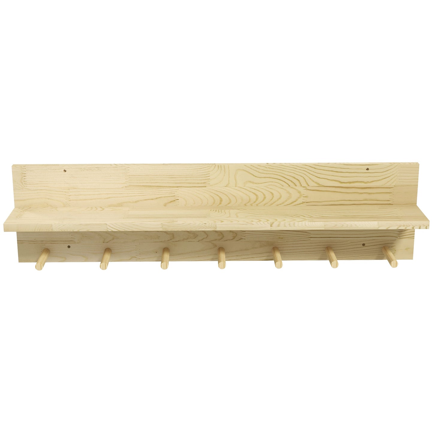 Fir Wood Wall Shelf with 7 Hooks for Entryway and Living Room, 80x12x20 cm
