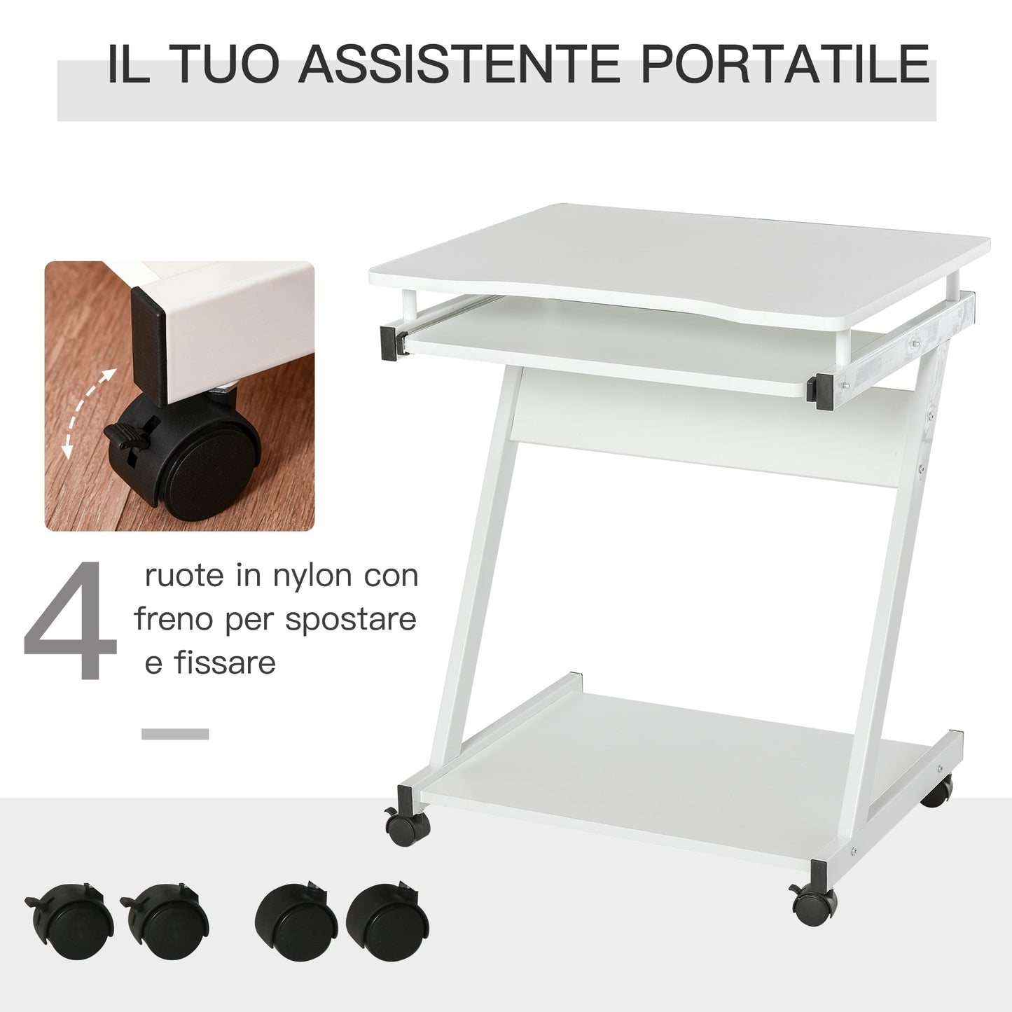 Desk Table PC PC Plan Planning Keyboard and 4 wheels, White