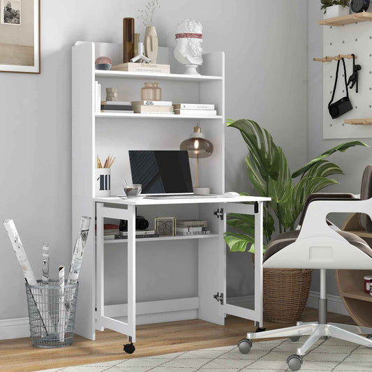 Folding Desk with 4-Tier Bookcase, 2 Wheels and Cable Hole, 80x69x155 cm, White