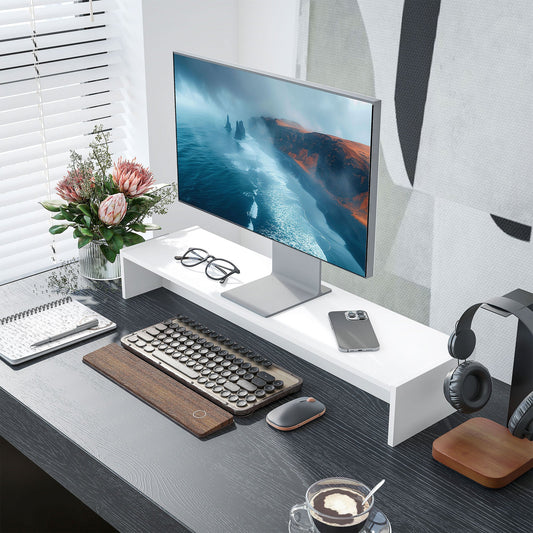 Monitor Stand with 2 Wooden Storage Compartments, 100x27x15 cm, White