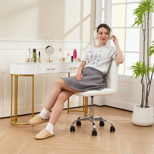 Adjustable Office Chair with Button Upholstery, PU Leather, Foam and Steel, 44x50x78-88 cm, White