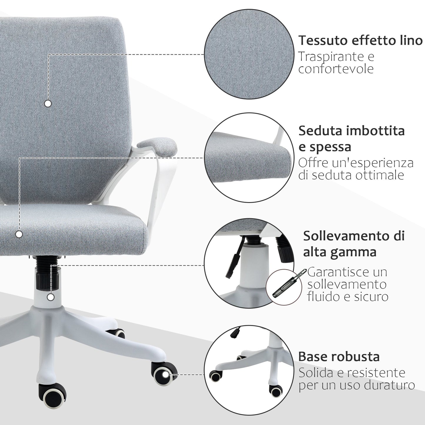 Ergonomic Office Chair with Adjustable Height, 360° Swivel Padded Desk Chair with Rocking Function, Breathable Linen Effect Fabric, for Study, Grey