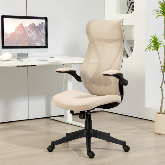 Office Chair with Folding Armrests, Adjustable Height and Reclining Backrest, Beige