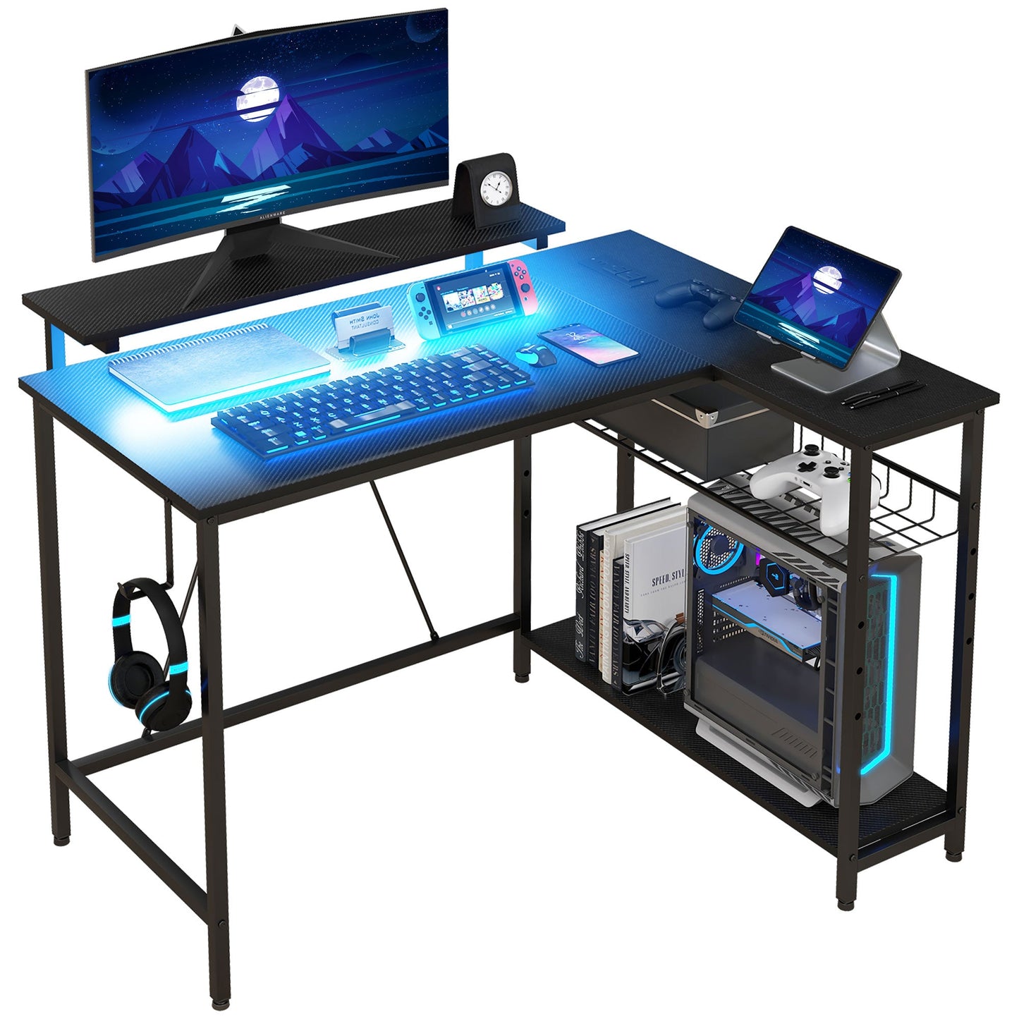 Reversible Corner Desk with LED, Power and USB Sockets, Shelves and Monitor Stand, Black