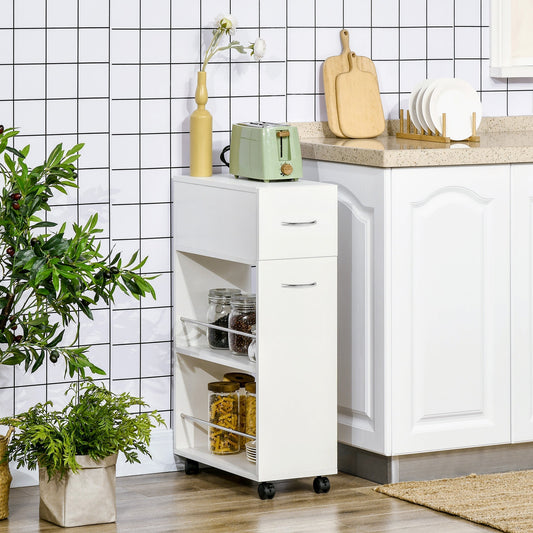 Kitchen Trolley in Chipboard and Stainless Steel with 2 Open Shelves, Pull-Out Drawer and Rails, 25x50x85 cm