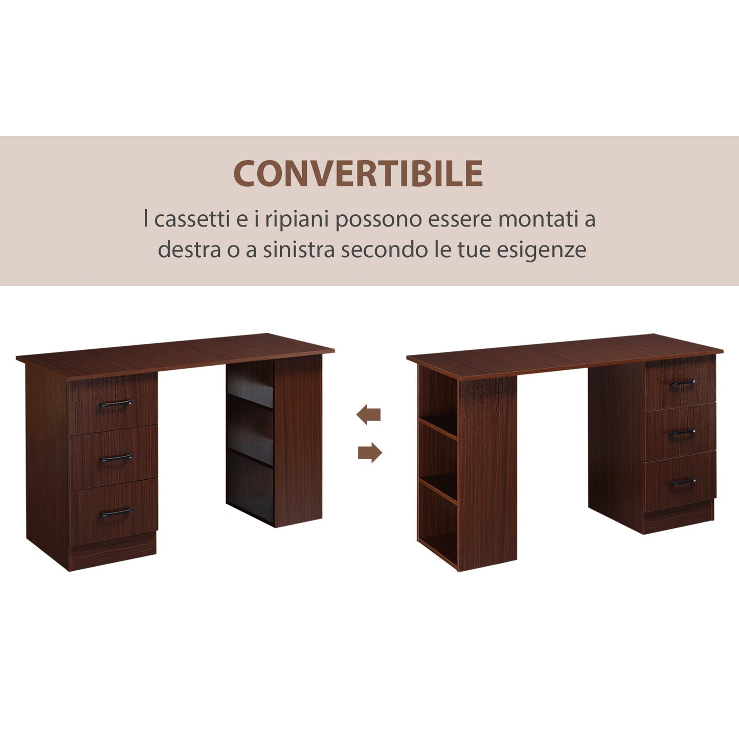 Office Desk with 3 Drawers and 3 Reversible Wooden Shelves, 120x49x72cm, Walnut