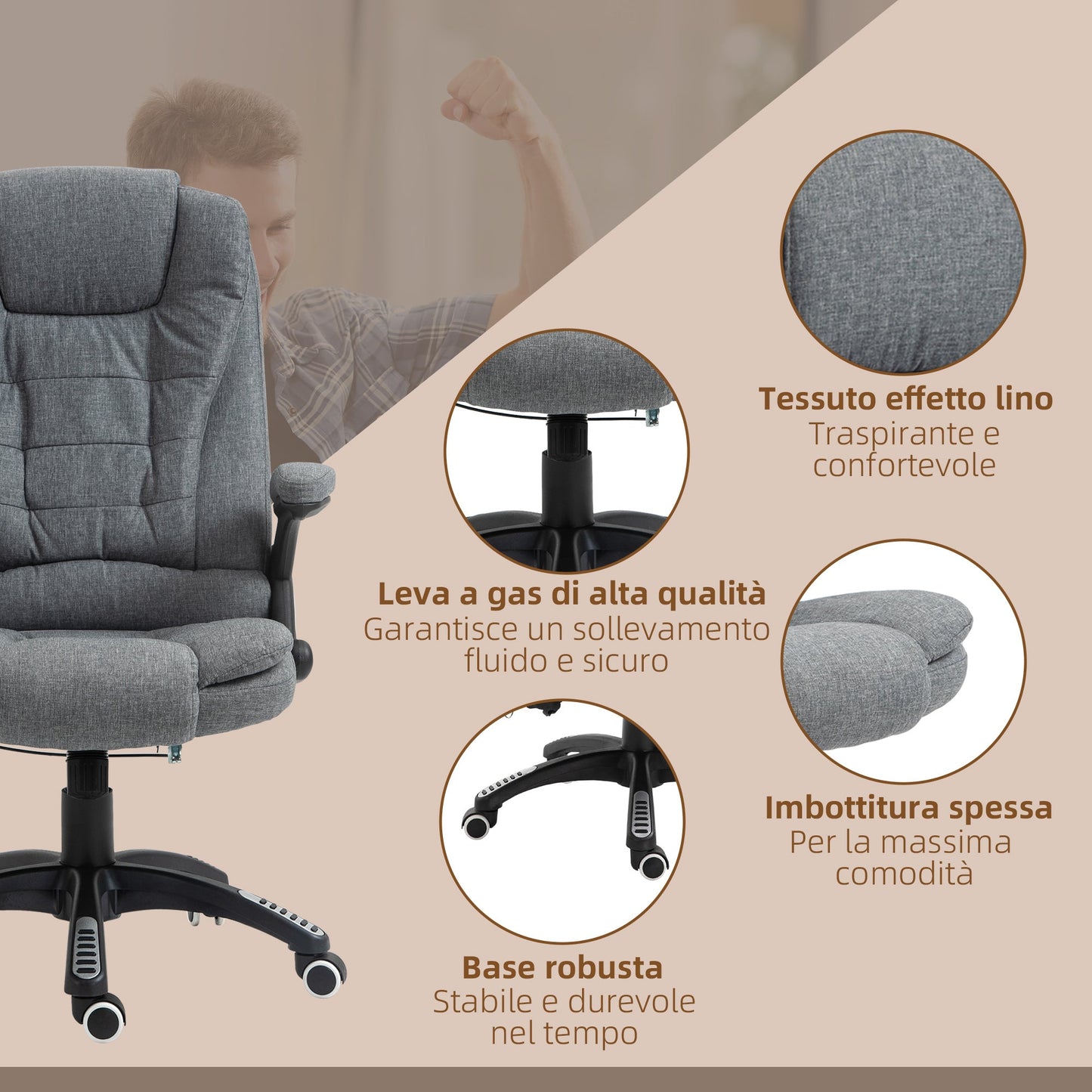 6-Point Vibration Massage Office Chair with Rocking Function and Heat, Reclining Office Chair with Adjustable Height, Remote Control and Side Pocket in Fabric, Grey