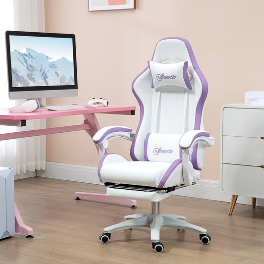 Gaming Chair with Adjustable Height and Reclining Backrest, 65x65x121-129 cm, White and Purple