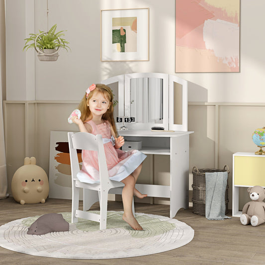 Kids Makeup Set with Removable Triple Mirror Dressing Table and White Wooden Chair
