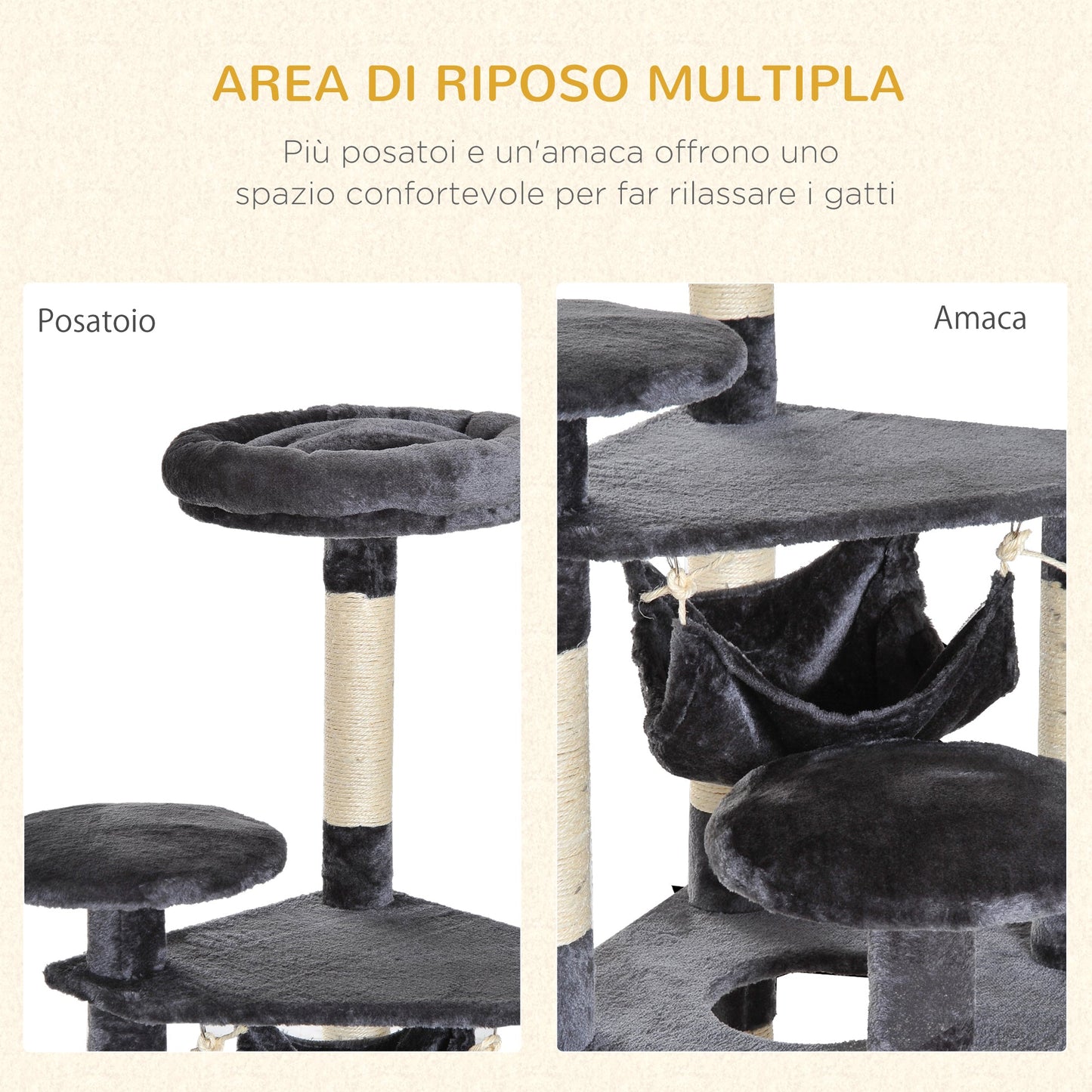 4-Tier Cat Tree with Hammock, Natural Sisal Plush Platforms, 132cm Height, Grey 4.8 (25)