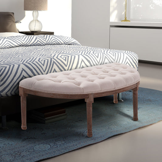 Chesterfield Style Semi-Circular Bed End Bench with Wooden Frame and Upholstery, Beige, 140.5x51x48cm