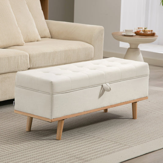 80L Padded Storage Bench with Fabric Upholstery and Wooden Legs, 118x42x45 cm, Cream
