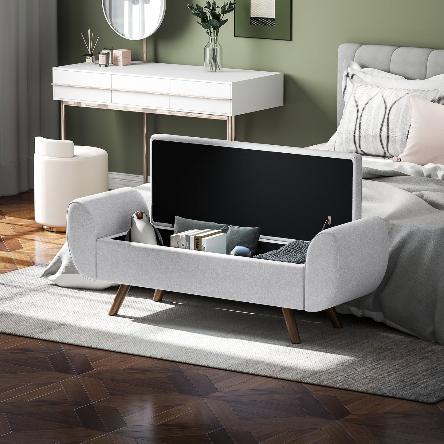 Bedside Storage Bench with Fabric Armrests, Wooden Legs and 53.8L Compartment, 132x42x50 cm, Grey