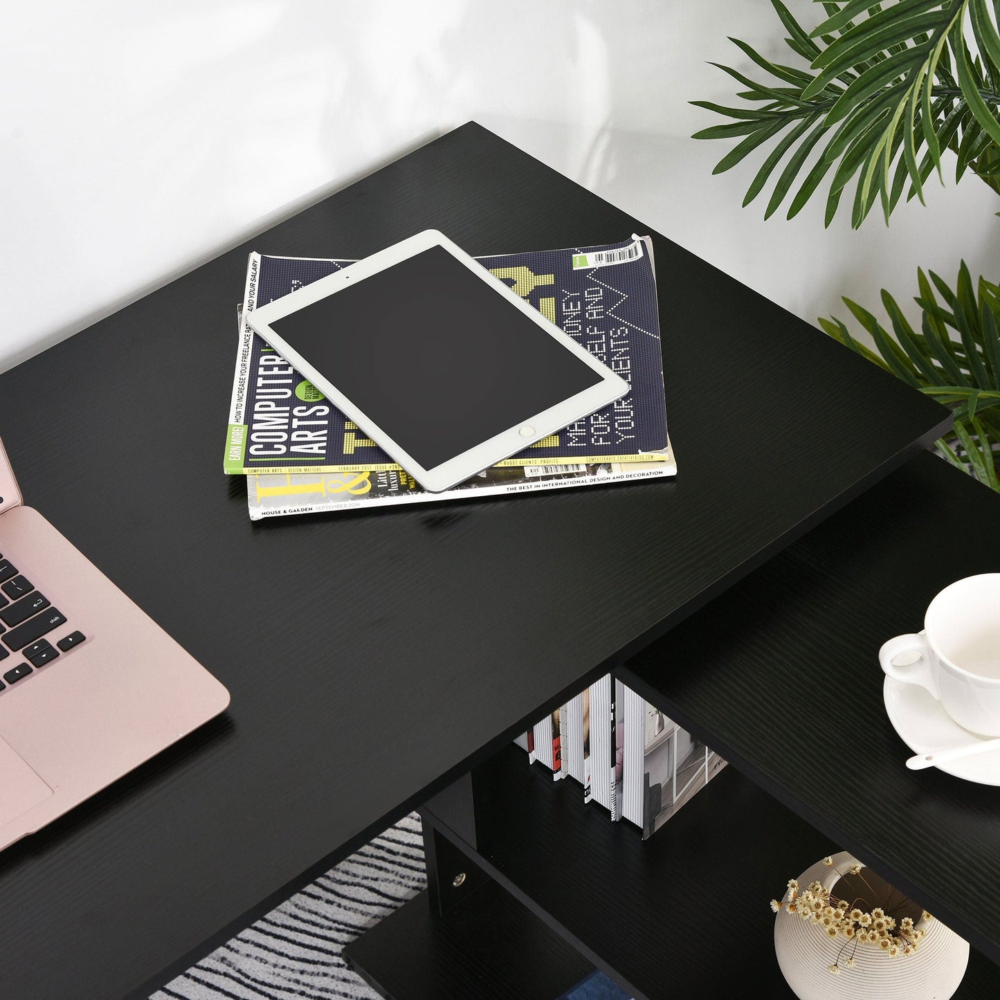 Corner Desk with 360° Swivel Top and 5 Shelves, 120x110x74.5 cm, Black