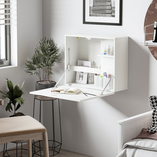 Wall Mounted Folding Desk with Shelves, Space Saving, for Home and Office, in Chipboard and MDF, 60x21.5x50 cm, White
