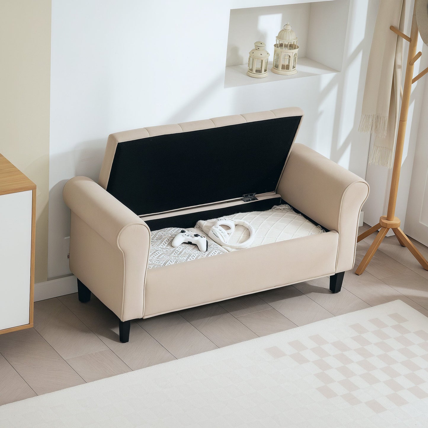 Velvet Fabric Bed End Bench with Storage Space and Armrests, 126x48.5x57 cm, Beige