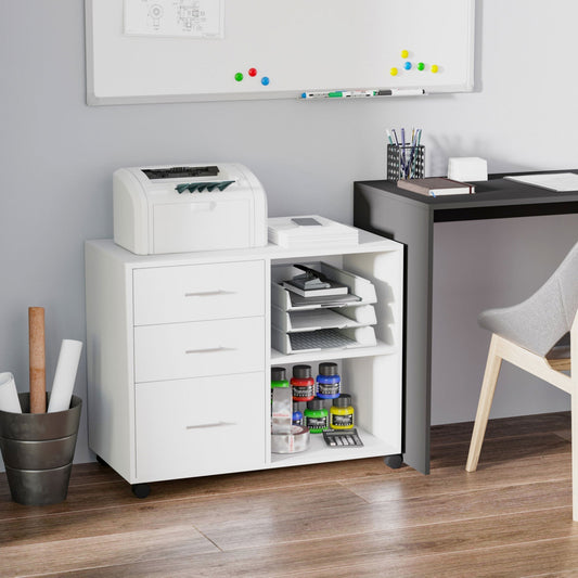 Multiuse office mobile with wooden drawers shelves - White