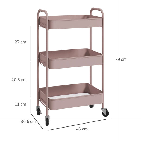 3‑Tier Pink Steel Beauty Trolley with Wheels