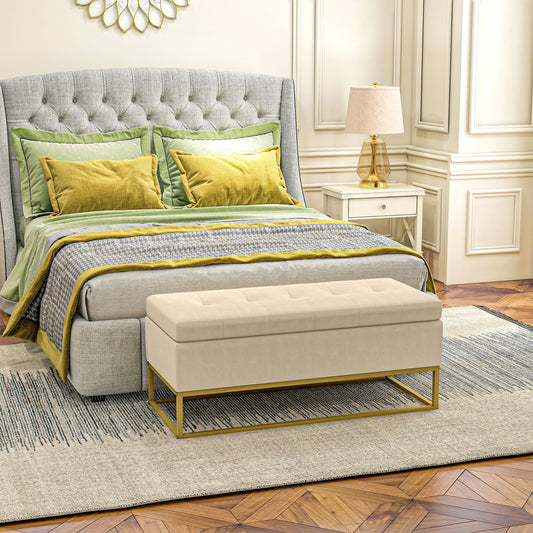 Rectangular Storage Bench with Padded Seat and Steel Legs, 110x44x49 cm, Beige