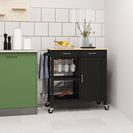 Classic Kitchen Trolley with Drawers, Wheels and 2-Door Space-Saving Cabinet 89x40x84cm, Black