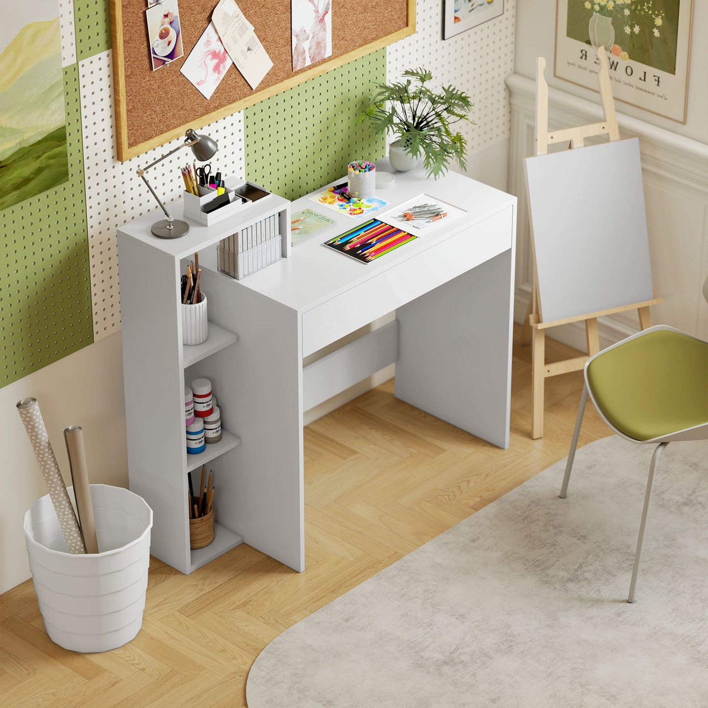 Modern PC Desk with 3 Open Shelves and Drawer, White Wood, 100x40x90 cm