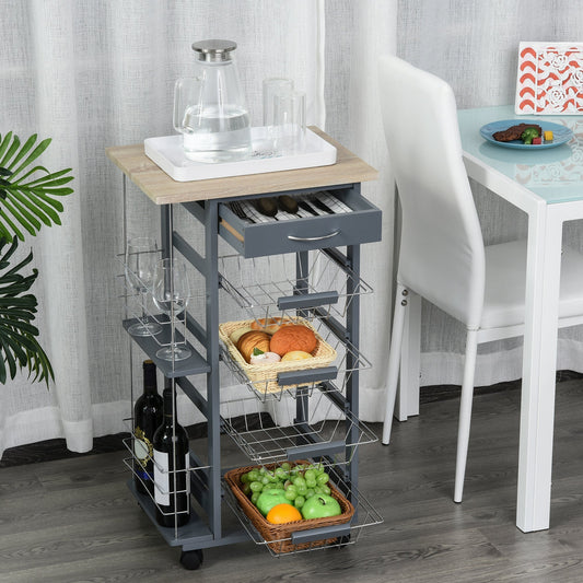 kitchen trolley in dark Grey with 1 drawer and 4 metal baskets