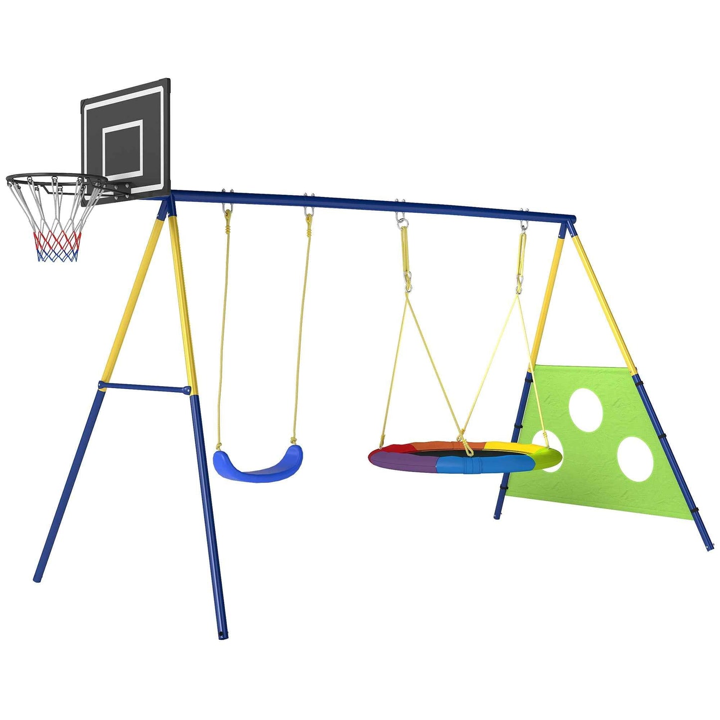 4-in-1 Garden Swing Set for Kids Ages 3-8 with 2 Swings, Basketball Hoop and Soccer Goal