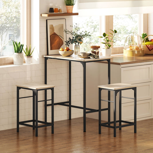 3 Piece Bar Furniture with Kitchen Table and 2 Bar Stools in Wood and Steel, Wood and Black Color