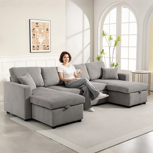 Modern U-Shaped Sofa Bed with 2 Chaise Longues and Storage Compartments, Corduroy, 282x140x86 cm, Grey