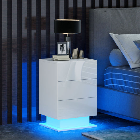 Modern Bedside Table with Adjustable LED Light with Remote Control and 3 Drawers, 40x35x60 cm, Glossy White